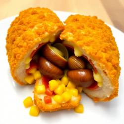 Stuffed Pork Schnitzel with Cheese, Corn, Salami, and Escargot