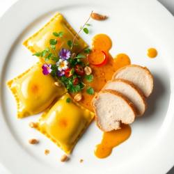 Massaman Ravioli with Sous Vide Chicken Breast and Fine Dining Garnish