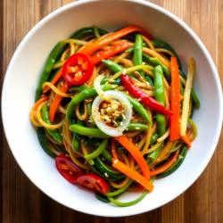 Soy Edamame Noodles with Zucchini, Carrots, Peperoni, and Celery