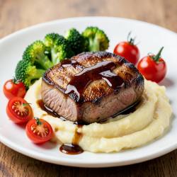 Pan-Seared Pork Steak with Broccoli, Cherry Tomatoes, Mashed Potatoes, and Demi-Glace