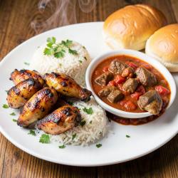 Grilled Chicken Wings with Spicy Goulash, Rice, and Butter Soft Buns