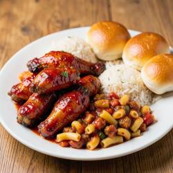 Spicy Asian Sticky Chicken Wings with Hungarian Goulash Macaroni, Fluffy Rice & Buttered Buns