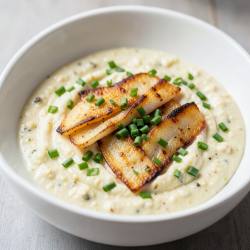 Roasted Garlic–Cauliflower Vichyssoise with Crispy Milkfish Belly and Fresh Chives