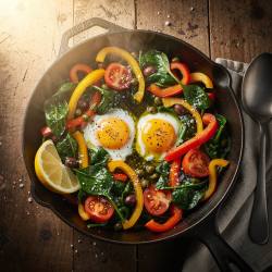 Lemon-Green Skillet with Eggs and Garden Vegetables
