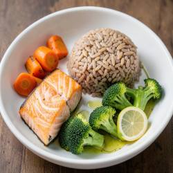 Salmon, Brown Rice & Roasted Vegetable Bowl