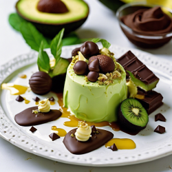 Avocado Cheese Mousse with Chocolate Fish and Honey Drizzle