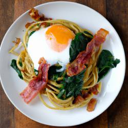 Spaghetti with Spinach, Bacon and eggs 