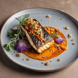 Grilled Reef Cod with Pilpil Sauce, Charred Carrots, Toum, and Rye Granola