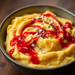 Coffee-Infused Garlic Mashed Potatoes with Ketchup Drizzle
