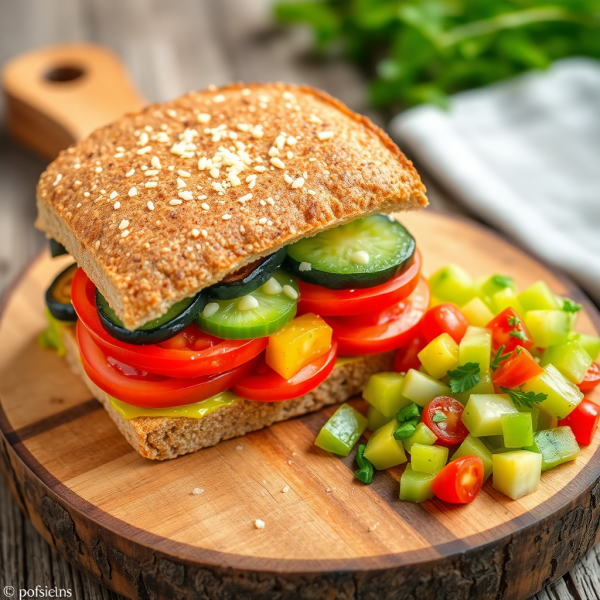 Light Veggie & Cheese Sandwich with Kiwi Salad