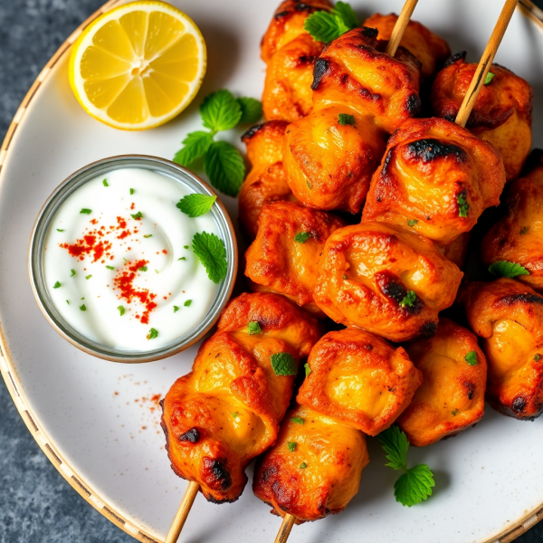 Spicy Chicken Kebabs with Mint Yogurt Dip