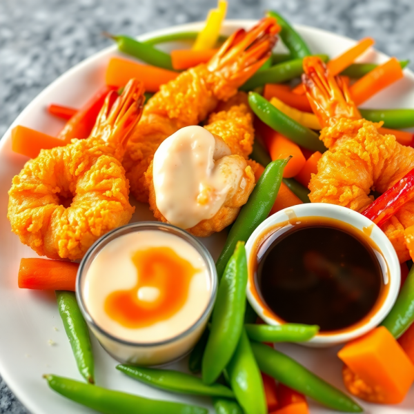 Crispy Prawn Delight with Veggies and Dipping Sauces