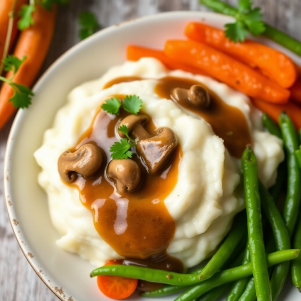 Creamy Turnip Mash with Mushroom Sauce and Sautéed Carrots & Green Beans
