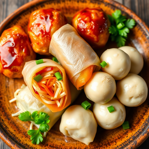Longchuan Trio Delight: Meatballs, Spring Rolls & Tofu Balls
