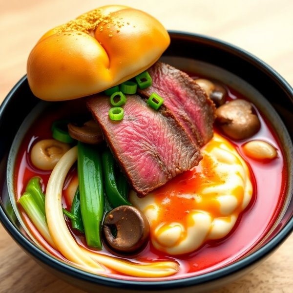 Fusion Malatang with Rosé Tteokbokki, Steak, and Gold Dusted Bun Hat
