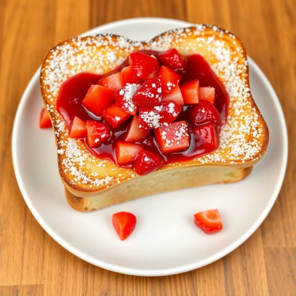 Vanilla Butter French Toast Topped with Red Berry Jelly and Fresh Strawberries