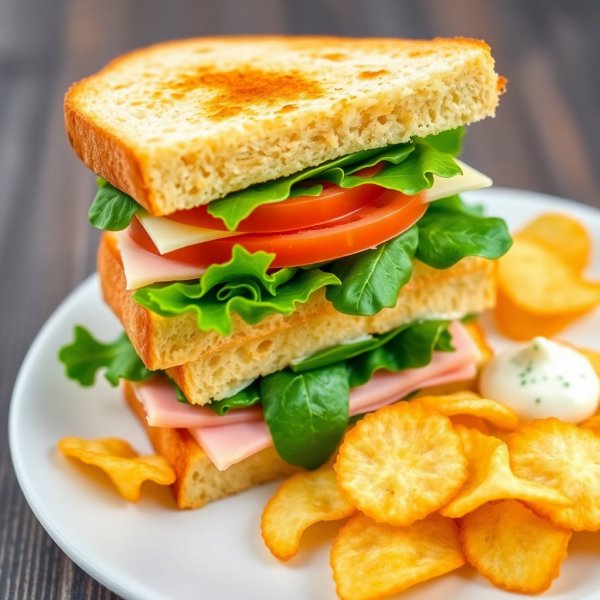 Classic Ham and Cheese Sandwich with Herb Mayo and Chips
