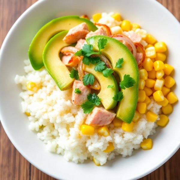 Tuna Avocado Rice Bowl with Corn and Onions