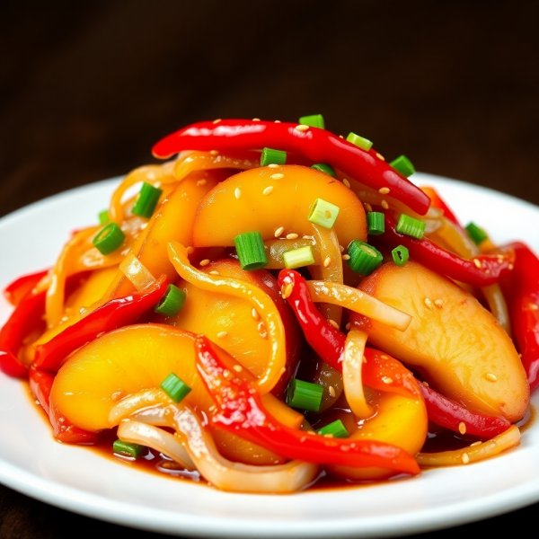 Korean-Inspired Spicy Peach and Vegetable Stir-Fry Breakfast