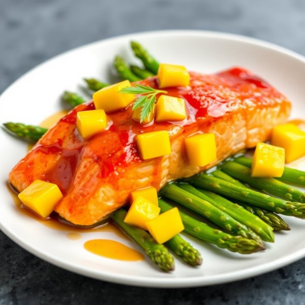 Baked Salmon with Mango Chili Glaze, Mango Garnish, and Asparagus