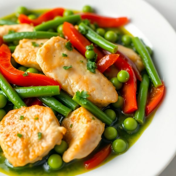 Chicken Strips in Green Bean, Bell Pepper, and Pea Sauce