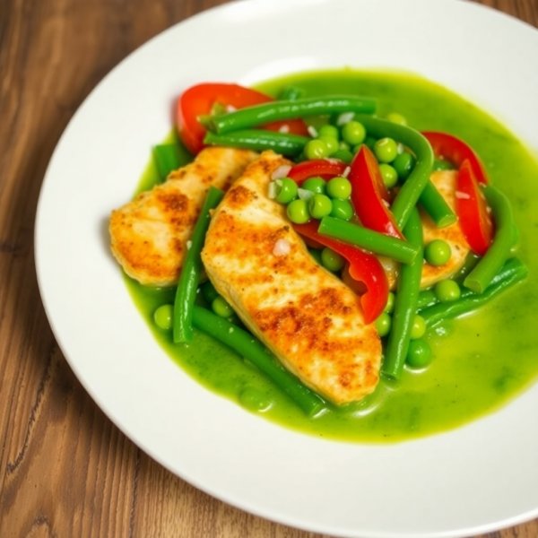 Chicken Strips in Green Bean, Bell Pepper, and Pea Sauce
