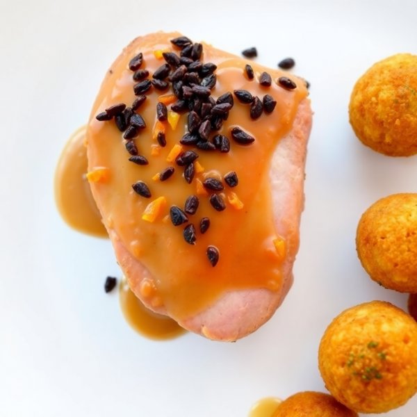 Pork Filet with Creamy Habanero Mandarin Sauce and Cacao Crunch, served with Fried Carrot Dill Balls