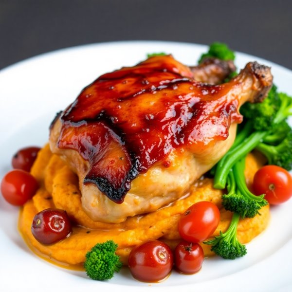 Sticky Sweet Baked Chicken Thigh with Sweet Potato Mash, Roast Tomatoes, and Sautéed Broccolini