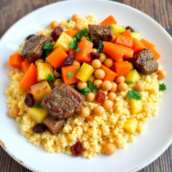 Vegetable and Meat Couscous with Raisins
