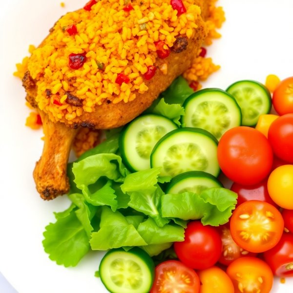 Homemade Jollof Rice and Chicken with Fresh Salad