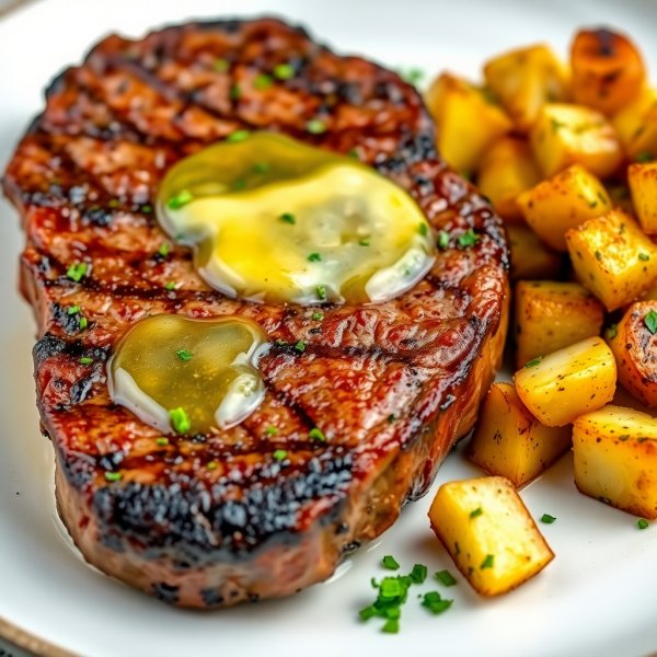 Garlic Butter Beef Steak with Herb Roasted Potatoes