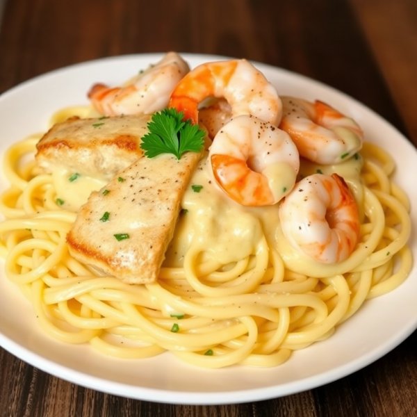 Creamy Shrimp Alfredo with Sliced Chicken Breast