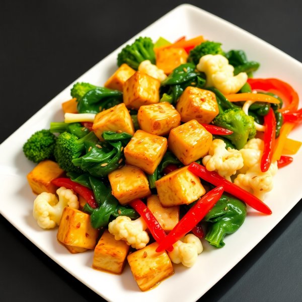 Stir-Fried Tofu with Sprouts, Broccoli, Cauliflower, Spinach, and Peppers