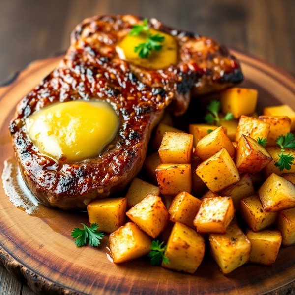 Garlic Butter Beef Steak with Herb Roasted Potatoes