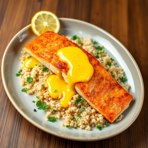 Pan-Seared Salmon with Bulgur Pilaf and Creamy Egg Yolk Sauce