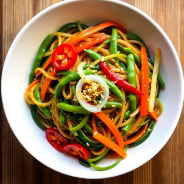 Soy Edamame Noodles with Zucchini, Carrots, Peperoni, and Celery