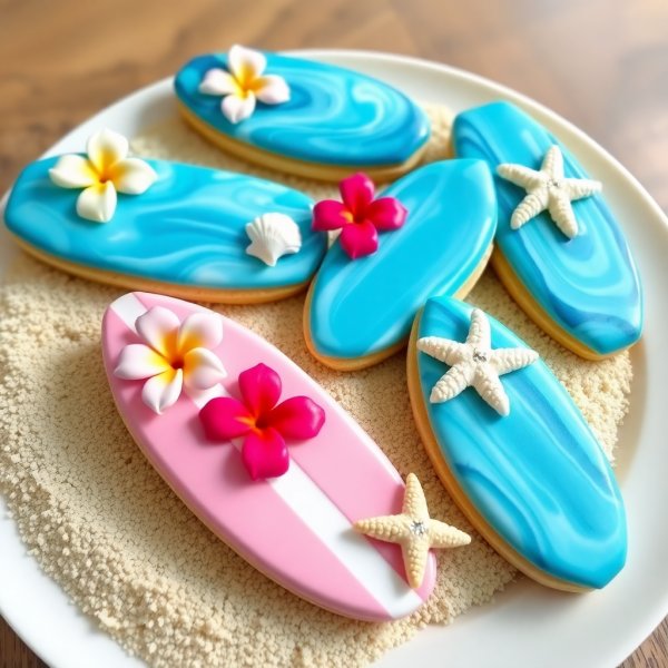 Tropical Hawaiian Flower Surfboard Cookies with Edible Beach Decorations