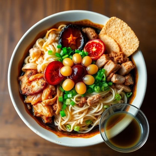 Artistic Soy-Miso Noodle Bowl with Chicken, Pork, and Citrus Accents