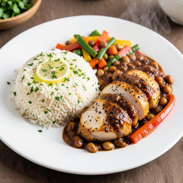 Lemon Coriander Rice with Chole Masala and Chicken Pepper Fry with Sautéed Veggies