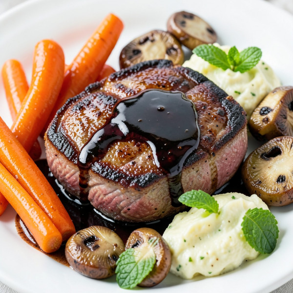 Pan-Seared Pork Ribeye with Beer Reduction, Young Carrots, Eryngii Mushrooms, and Cauliflower Mint Crème
