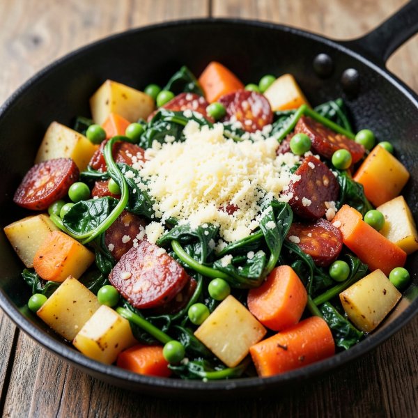 Chorizo, Spinach, and Potato Skillet with Peas and Carrots