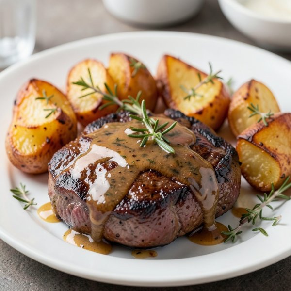 Butter Braised Steak with Roast Potatoes