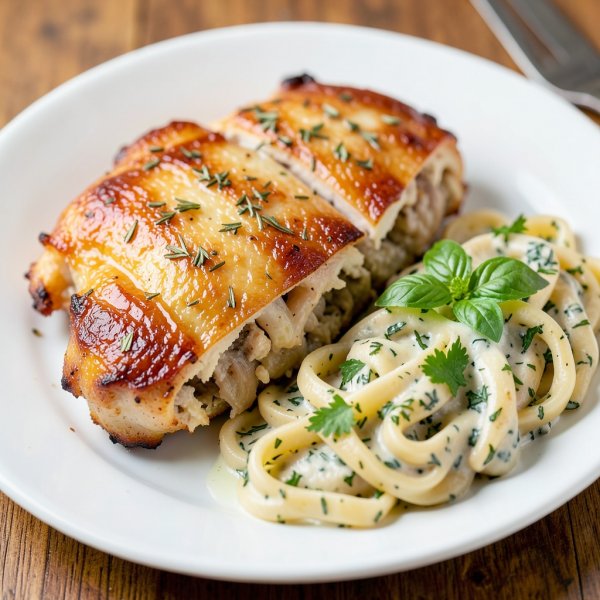 Garlic Parmesan Stuffed Chicken Thighs with Creamy Herb Pasta