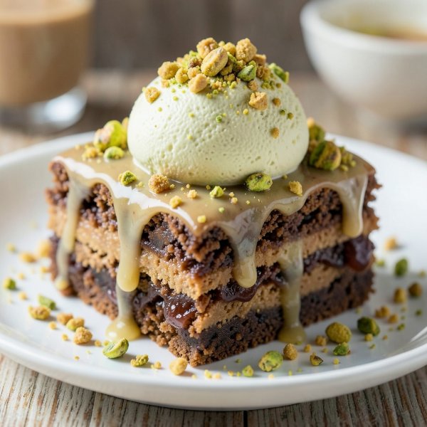 Vanilla Date Brownie with Pistachio Mousse and Glaze
