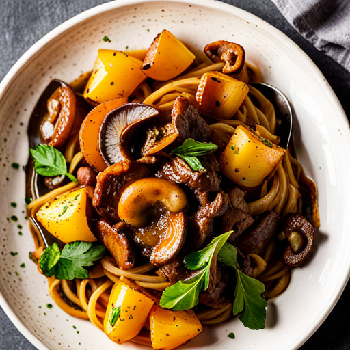 Beef and Mushroom Stir-Fry with Pasta and Potatoes