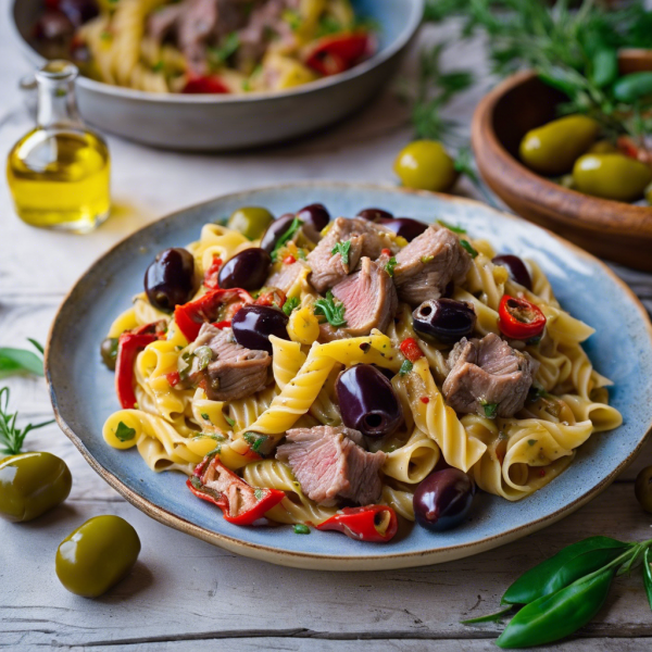 Garlic Lamb Pasta with Olives and Peppers