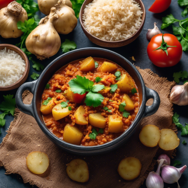 Garlic Ginger Potato Curry with Tomato Rice