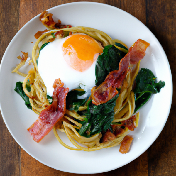 Spaghetti with Spinach, Bacon and eggs 