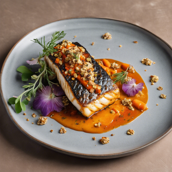 Grilled Reef Cod with Pilpil Sauce, Charred Carrots, Toum, and Rye Granola