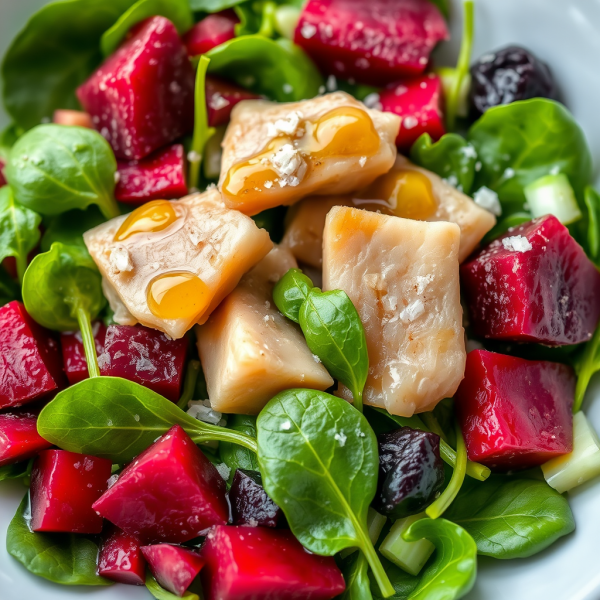 Fermented Cod Salad with Beetroot and Spinach